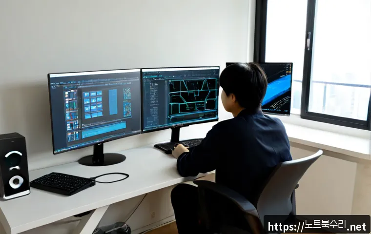 신림동 모니터화면 안나옴 - Photorealistic compact workstation in a Sillim-dong studio apartment, dual monitors with one complet...