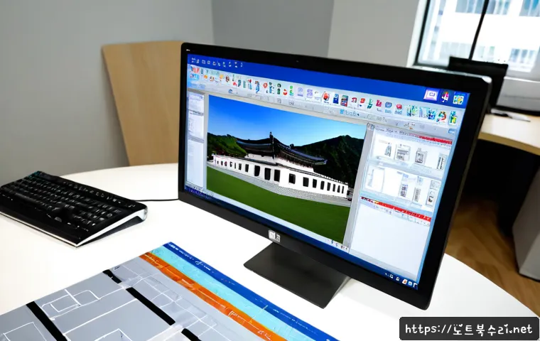 야탑동 자동복구 - Photorealistic IT workstation in a compact Yatap-dong office, desktop monitor showing a recovered ar...