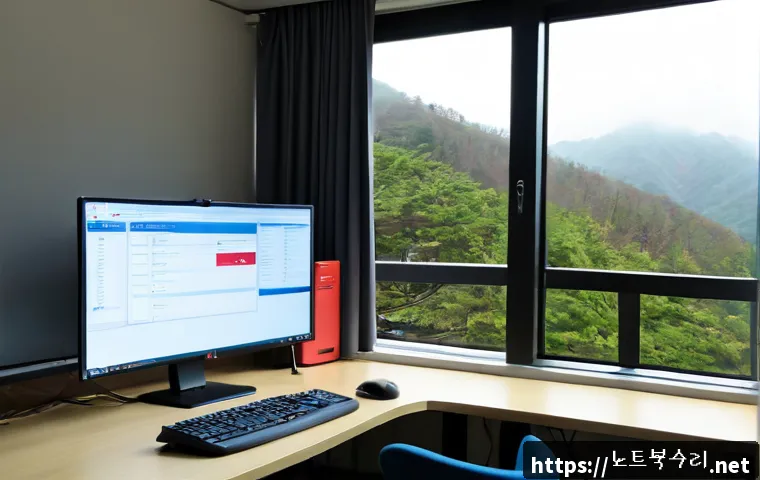 진관동 STATUS_KERNEL_PERMISSION_DENIED - Photorealistic remote IT support workstation in a quiet Eunpyeong district office, dual monitors sho...