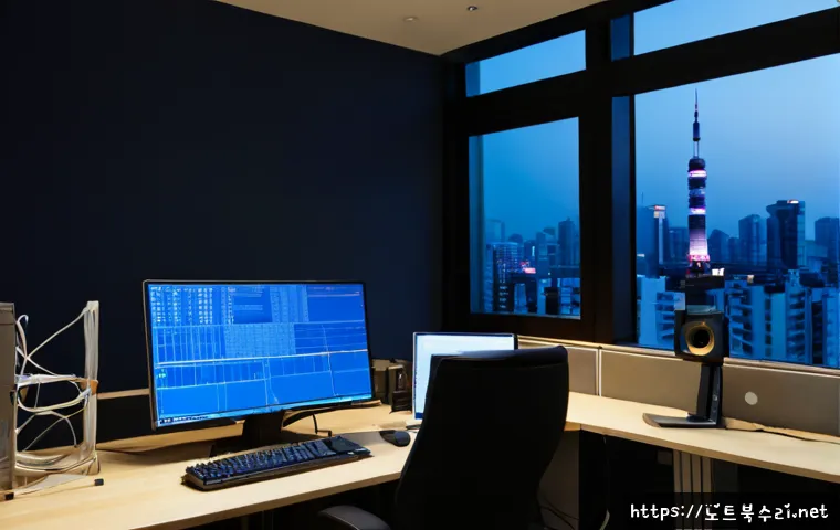 인현동 CDFS_FILE_SYSTEM - Photorealistic compact Inhyeon-dong design studio, workstation displaying a blank blue system error-...
