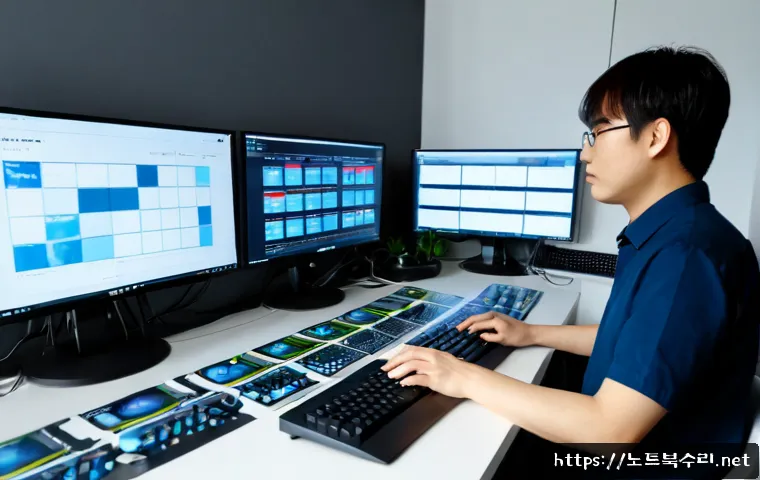 주엽동 VIDEO_MEMORY_MANAGEMENT_INTERNAL - Photorealistic IT support workstation in a modern Juyeop-dong office, dual monitors showing a frozen...