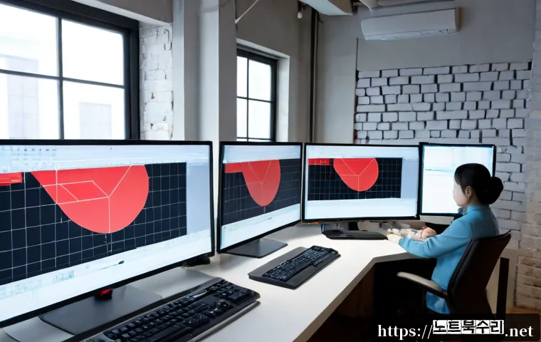남수동 STATUS_ACCESS_VIOLATION - Photorealistic software support scene, Korean designer at a dual-monitor workstation using a blank C...