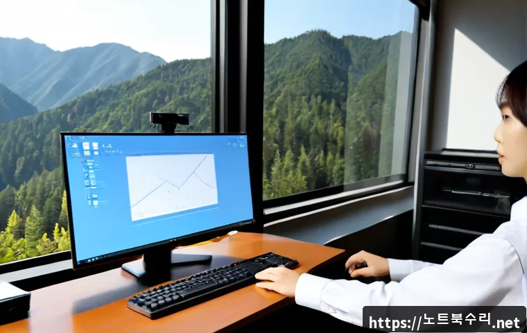 설악면 STATUS_NO_MEMORY - Photorealistic remote-support workstation in a quiet mountain-adjacent Korean office, desktop monito...