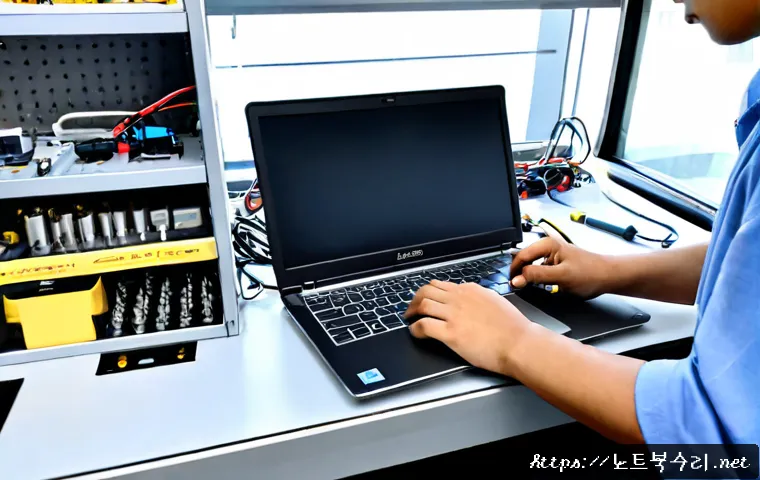 경서동 맥북에어 판매 및 수리 - Photorealistic slim silver ultrabook repair bench in a compact Geomseo-dong electronics workshop, te...