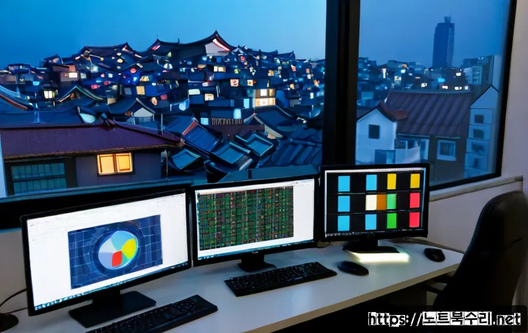 와룡동 STATUS_STACK_UNDERFLOW - Photorealistic software engineer workstation in Waryong-dong, Seoul, dual monitors showing abstract ...