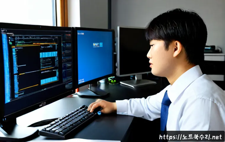 하봉암동 CDFS_FILE_SYSTEM - Photorealistic IT support workstation in a compact Habongam-dong office, technician diagnosing a des...
