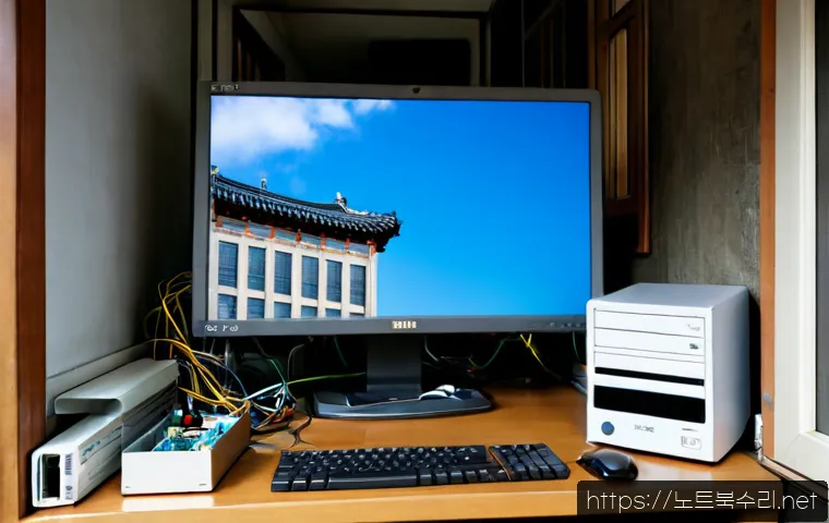 송현동 부팅불가 - Photorealistic computer repair workstation in a quiet historic Seoul neighborhood apartment, desktop...