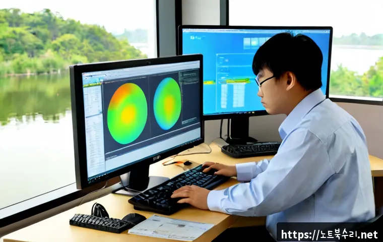 삼패동 STATUS_MODULE_NOT_FOUND - Photorealistic IT support workstation in a quiet riverside district office, dual monitors showing a ...