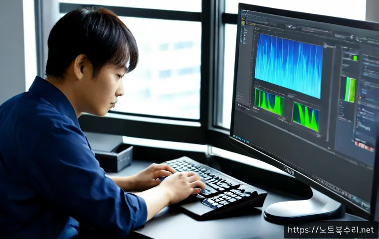 정왕동 pc복구중 - Photorealistic PC recovery workstation in a compact industrial office near a coastal manufacturing d...