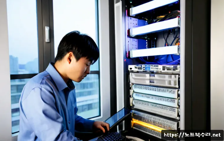 당주동 HARDWARE_MEMORY_FAILURE - Photorealistic IT technician at a compact office workstation in Dangju-dong, carefully reseating mem...