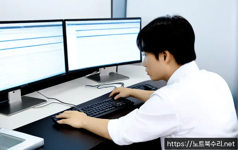 서운동 STATUS_SYSTEM_PROCESS_TERMINATED - Photorealistic remote IT support workstation in a compact business office, frustrated technician vie...