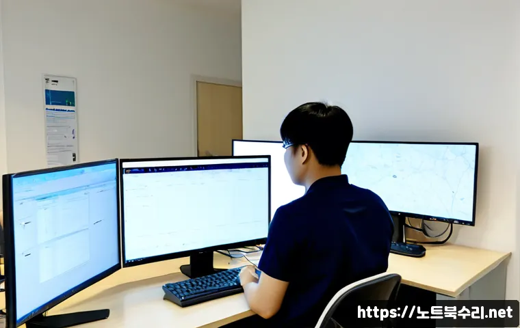 우정읍 STATUS_SECURITY_POLICY_VIOLATION - Photorealistic remote IT support workstation in a quiet semi-rural Korean office, dual monitors disp...