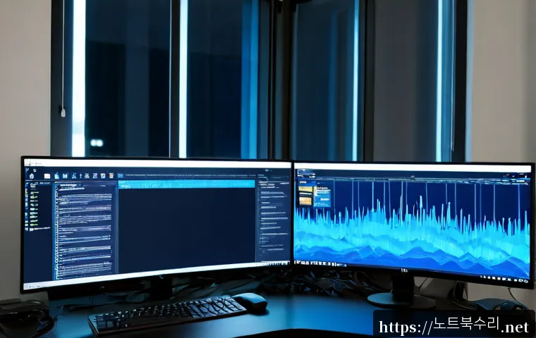 멱곡동 STATUS_MEMORY_VIOLATION - Photorealistic IT support workstation in a compact apartment office, dual monitors showing an abstra...