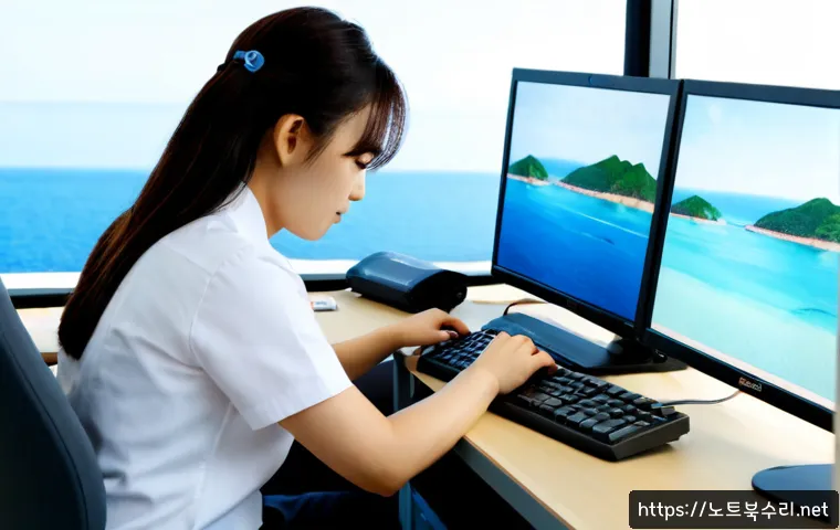 덕적면 bootdevice - Photorealistic compact IT workstation in a quiet island office, technician examining a small bootabl...