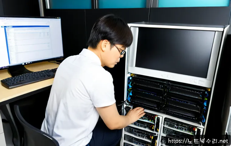 송림동 ftp서버출장방문수리점 - Photorealistic remote-support technician repairing a compact FTP server workstation inside a small S...