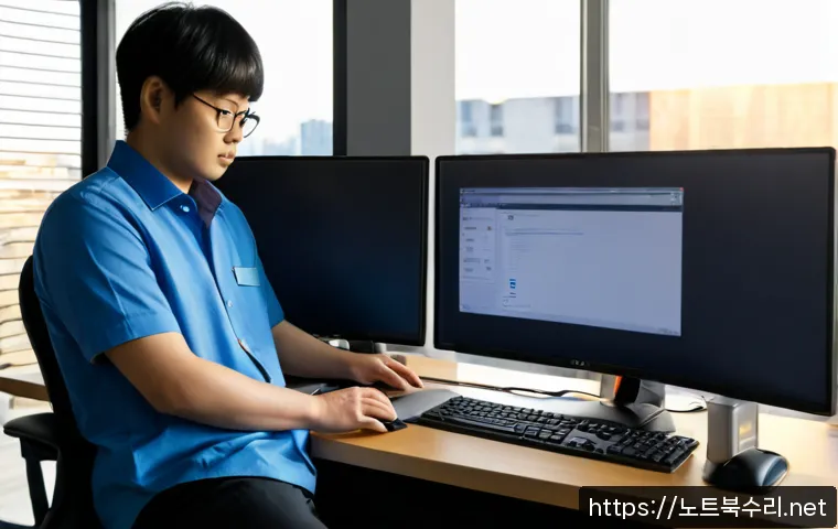 상지석동 STATUS_FILE_NOT_FOUND - Photorealistic remote-support workstation in a quiet Korean apartment office, dual monitors showing ...