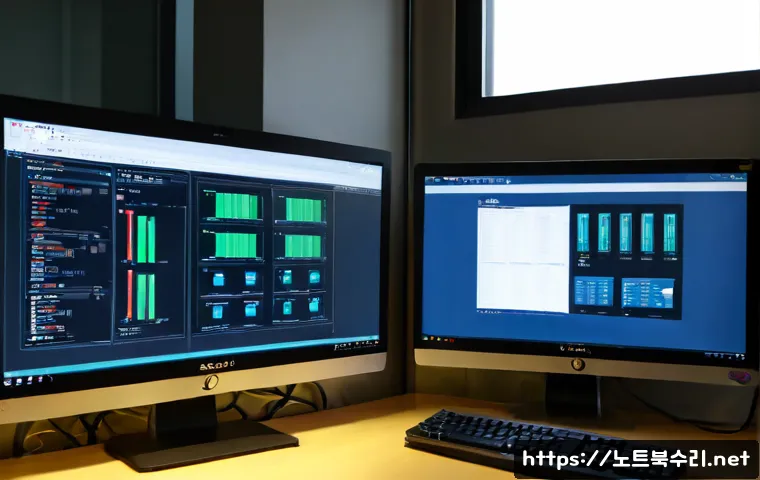 원곡동 DEVICE_DRIVER_MISMATCH - Photorealistic IT support workstation in a compact Wongok-dong office, dual monitors showing abstrac...