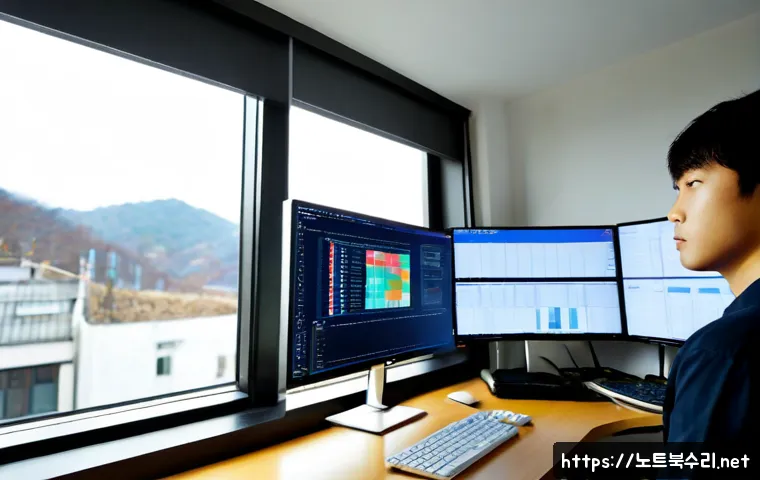금호동 MEMORY_MANAGEMENT - Photorealistic compact engineering studio in Geumho-dong, Seoul, software developer reviewing a comp...