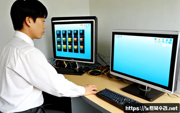 보문동 STATUS_INVALID_DEVICE_REQUEST - Photorealistic IT support workstation in a compact office near a quiet hillside neighborhood, deskto...