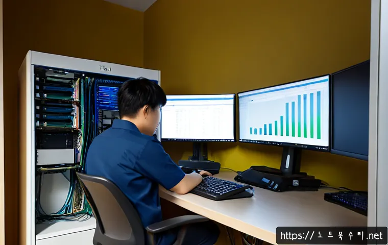 누읍동 케이블연결확인 - Photorealistic IT support workstation in a compact Nu-eup-dong apartment, technician tracing Etherne...