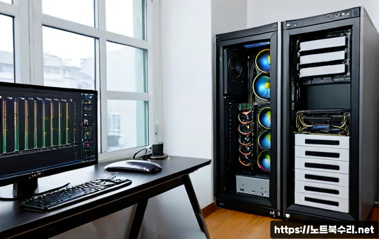 송학동 HARDWARE_INTERRUPT_STORM - Photorealistic IT support workstation in a compact Songhak-dong office, engineer urgently monitoring...