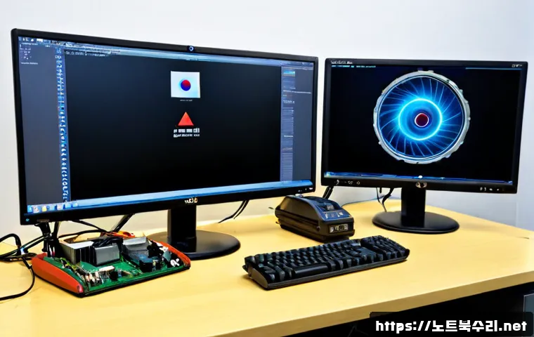 예관동 SOFTWARE_EXCEPTION - Photorealistic software support workstation in a compact Euljiro-style electronics repair office, du...