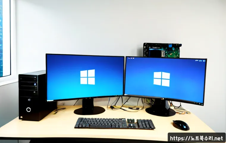 원당동 WHEA_UNCORRECTABLE_ERROR - Photorealistic computer repair workstation in a modern apartment office in Wondang-dong, dual monito...