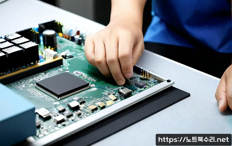 민락동 아이맥 판매 및 수리 - Photorealistic computer repair workshop in a modern Korean neighborhood, technician carefully servic...