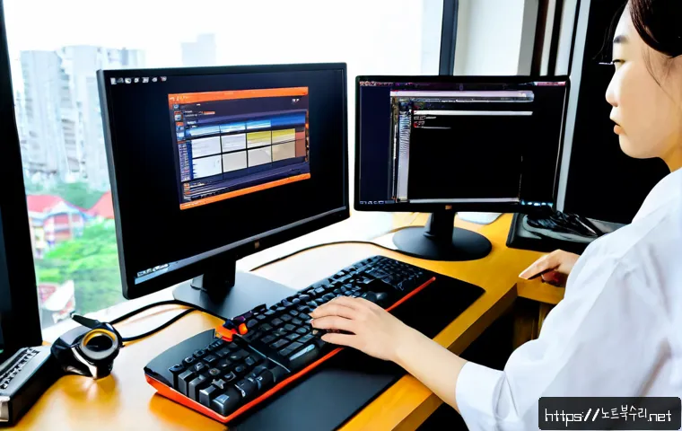 정자동 ubuntu재설치 포맷  초기화 - Photorealistic remote-support workstation in Jeongja-dong, technician reinstalling Ubuntu on a clean...