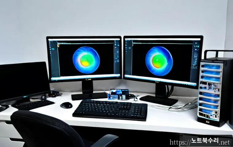 원곡동 STATUS_KERNEL_EXECUTION_ERROR - Photorealistic compact PC repair workstation in a mixed-use neighborhood office, dual monitors showi...