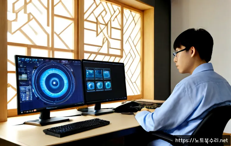 견지동 STATUS_KERNEL_THREAD_FAILURE - Photorealistic IT support workstation in a quiet Gyeonji-dong design studio, dual monitors showing a...
