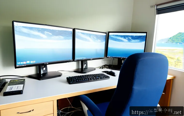 자월면 NTFS_FILE_SYSTEM - Photorealistic IT support workstation in a quiet island township office, dual monitors showing abstr...
