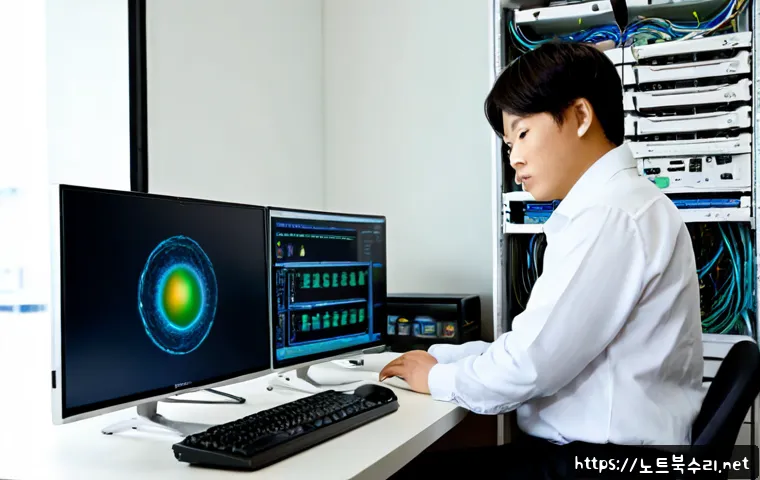 신동 네트워크구축 설정 및 세팅오류해결 - Photorealistic network technician configuring a compact office workstation, dual monitors showing ab...