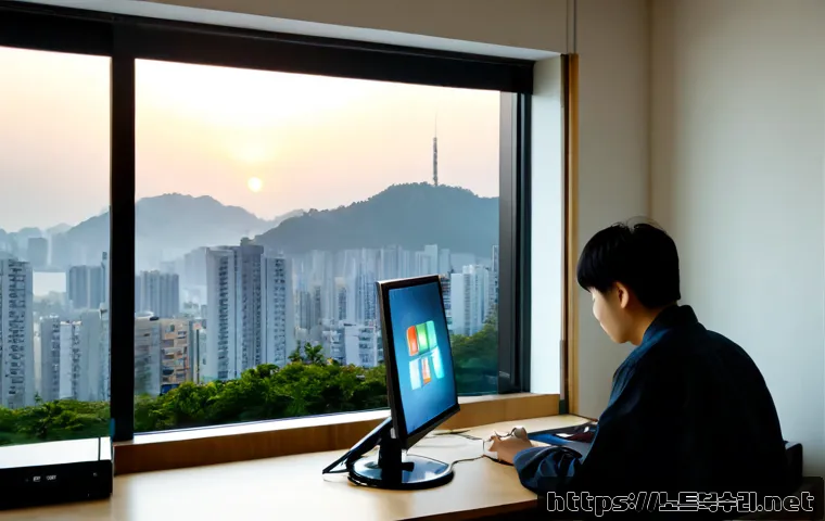 동백동 입력신호가 없습니다 - Photorealistic home office in a leafy Dongbaek-dong apartment, ultrawide monitor showing a blank dar...