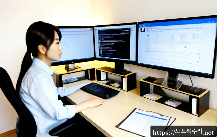 복정동 STATUS_FILE_LOCK_CONFLICT - Photorealistic remote-support workstation in a compact Bokjeong-dong apartment office, a stressed IT...
