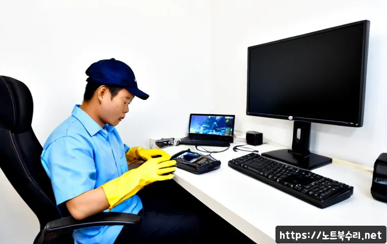 훈정동 HDD조립 및 교체수리 - Photorealistic desktop PC repair workstation in a compact Hunjong-dong electronics office, technicia...