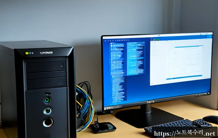 효성동 INACCESSIBLE_BOOT_DEVICE - Photorealistic IT support workstation in a compact Hyoseong-dong apartment office, desktop tower ope...