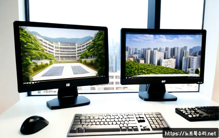 수택동 STATUS_IMAGE_NOT_FOUND - Photorealistic modern workstation in a quiet apartment office in Sutaek-dong, Guri, dual monitors di...