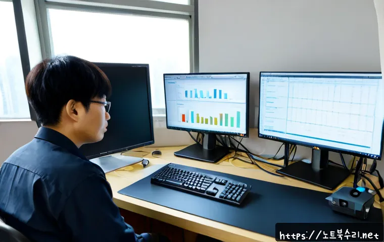 청량리동 STATUS_KERNEL_STACK_CORRUPTION - Photorealistic IT support workstation in a compact Cheongnyangni neighborhood office, dual monitors ...