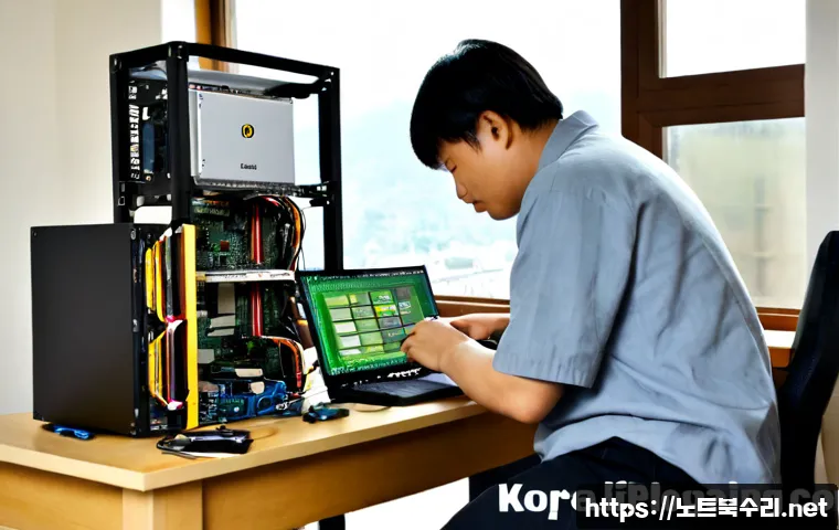 부림동 컴퓨터업그레이드 - Photorealistic computer upgrade workshop in Burim-dong, technician installing a modern graphics card...