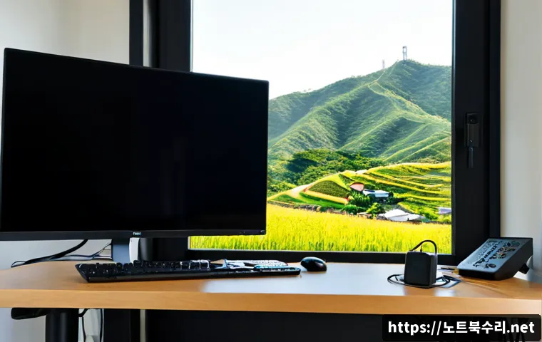 영북면 본체 꺼졌다 켜졌다 할때 - Photorealistic remote-support workstation in a quiet rural Korean home office near low green hills, ...