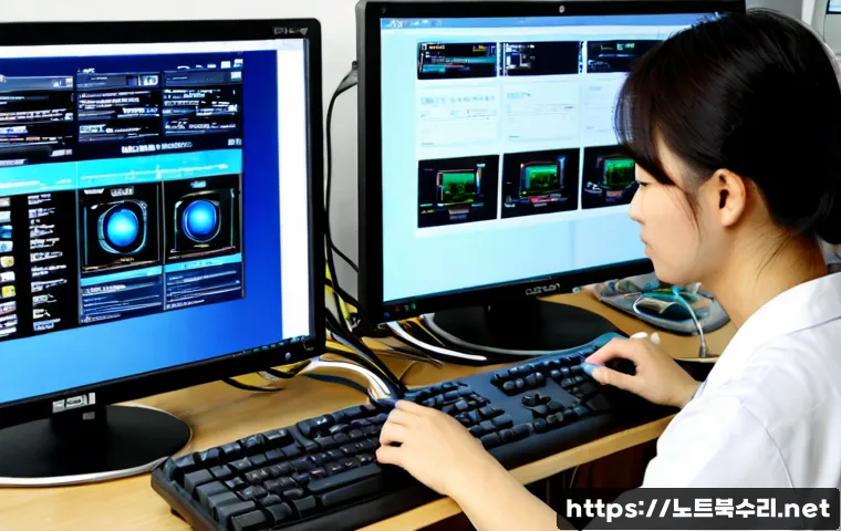 연건동 KMODE_EXCEPTION_NOT_HANDLED - Photorealistic IT support workstation in Yeongeon-dong, Seoul, dual monitors showing a blank blue sy...