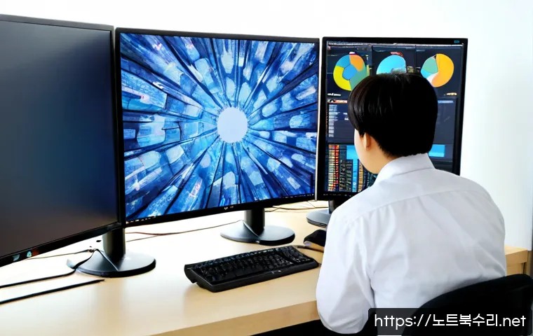 서창동 STATUS_MEMORY_OVERFLOW - Photorealistic IT support workstation in a compact Seochang-dong office, ultrawide monitor showing a...