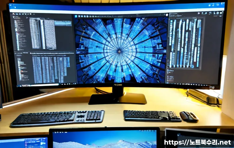 방학동 WIN32K_LOCK_HELD_TOO_LONG - Photorealistic IT support workstation in a compact Banghak-dong apartment office, dual monitors show...