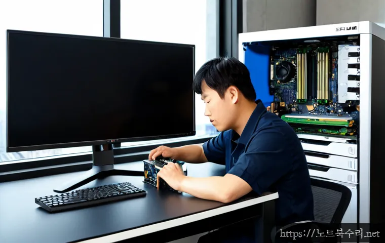 중동 워크스테이션출장방문수리점 - Photorealistic on-site workstation repair in a modern apartment office near Jung-dong, technician ca...