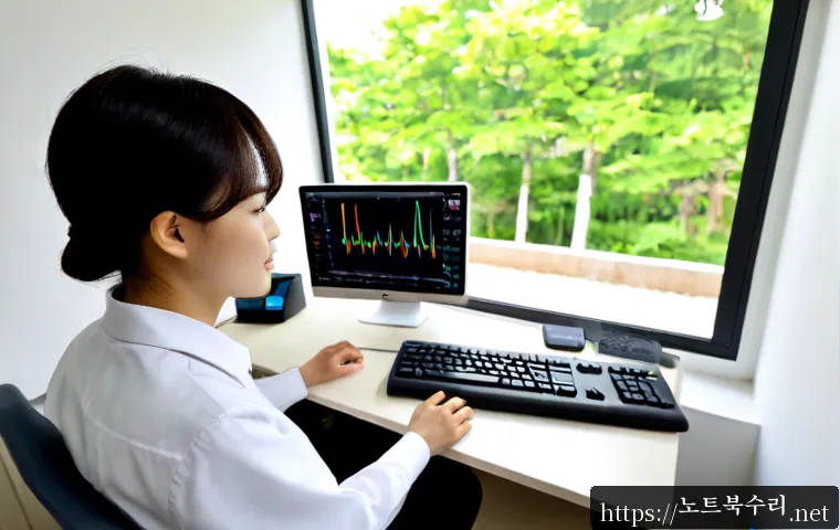 세곡동 USER_MODE_HEALTH_MONITOR - Photorealistic home office in Segok-dong, a remote health-monitoring specialist reviewing a silent w...