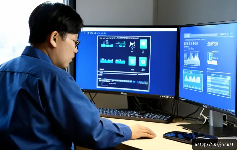 갈곶동 INACCESSIBLE_BOOT_DEVICE - Photorealistic IT support workstation in a compact Korean office near an industrial district, deskto...