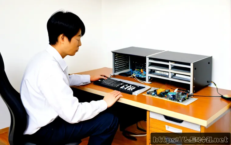 한남동 RAM조립 및 교체수리 - Photorealistic computer repair bench in a refined Hannam-dong studio apartment office, technician ca...
