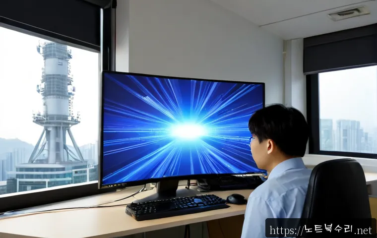 종로구 SYSTEM_SERVICE_EXCEPTION - Photorealistic IT support workstation in a compact Jongno office, desktop monitor showing a blank co...