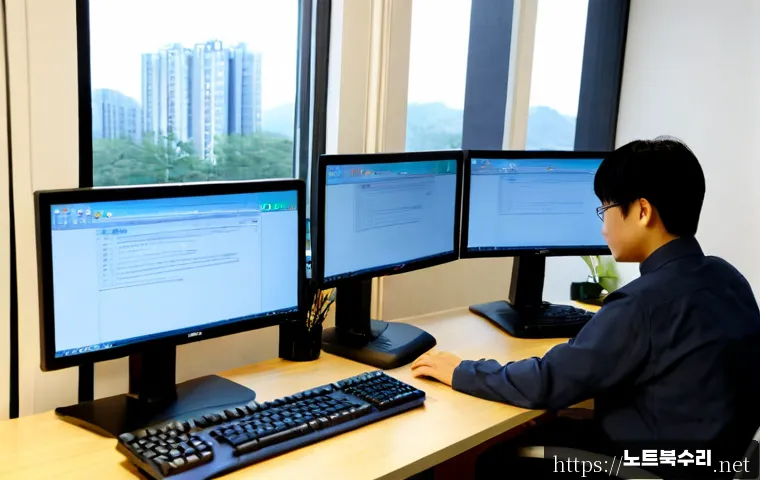 고산동 NTLDR is compressed - Photorealistic IT support workstation in a compact Gosan-dong apartment office, dual monitors showin...